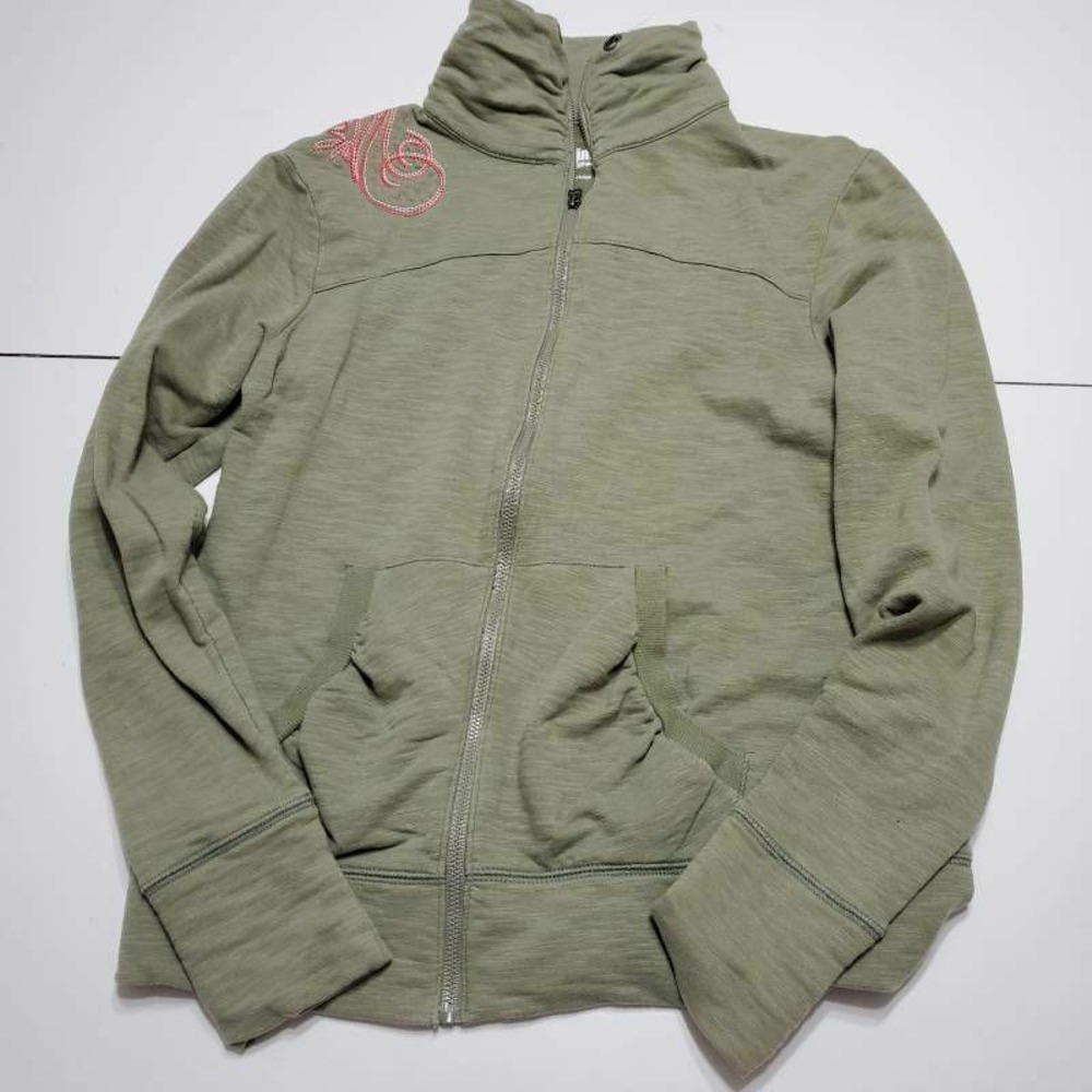 Alpine Design Womens Sweatshirt Olive Green Heather Zip Up Embroidered Stretch S